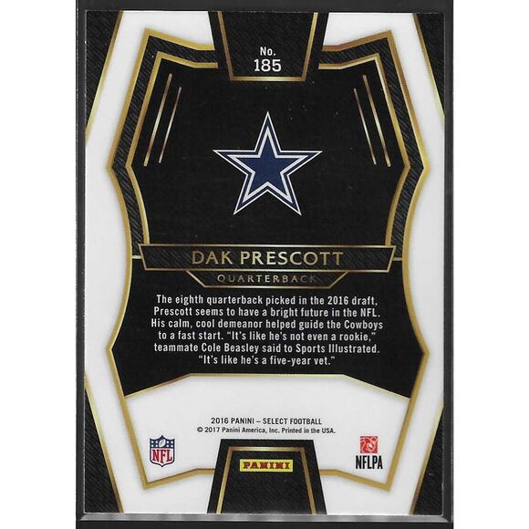 DAK PRESCOTT 2016 PANINI SELECT #185 COWBOYS BASE ROOKIE CARD RC BD1024 - Picture 2 of 2